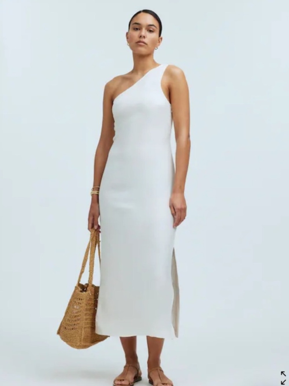 Madewell White One Shoulder Linen Blend Side Slit Midi Dress 8 NQ624 Resort